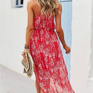 Beachy /boho asymmetric sundress.  Tie- waist, midi, halter top.